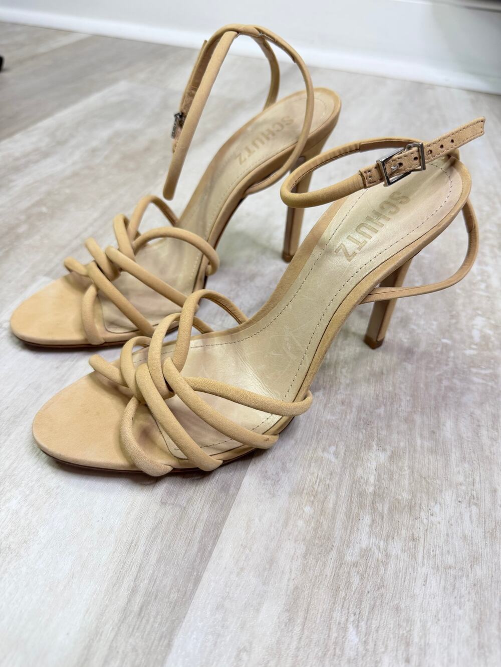 Schutz Rachel Nubuck Sandal Heels Size 7.5 Nude Tan Neutral